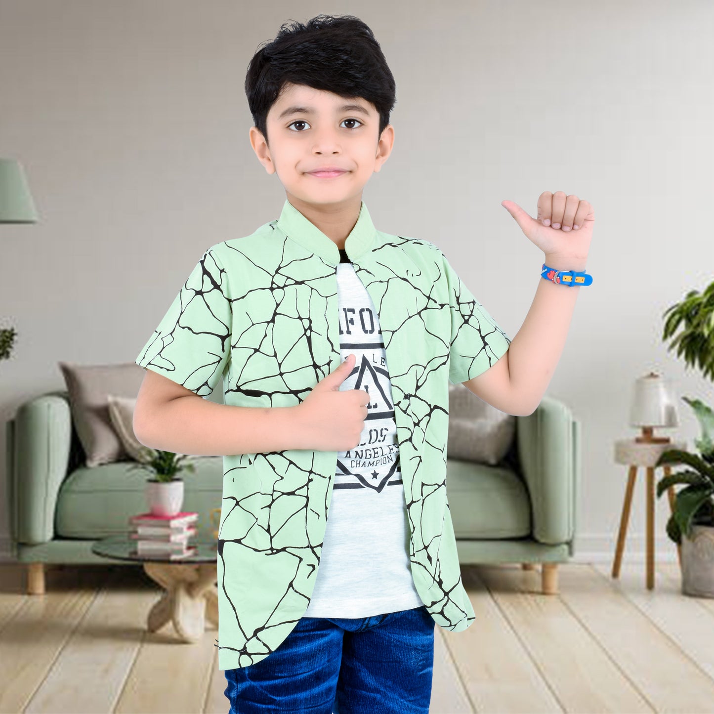 Pista Green /Printed Half Sleeves Pure Cotton Boys T-shirt Attached with Shrug image 1