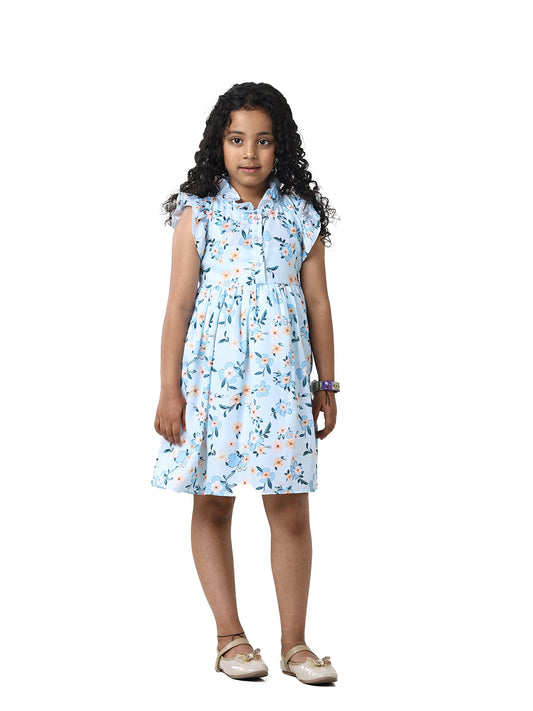 Girls Floral Print Cotton Blend A-Line Frock Dress - Blue
