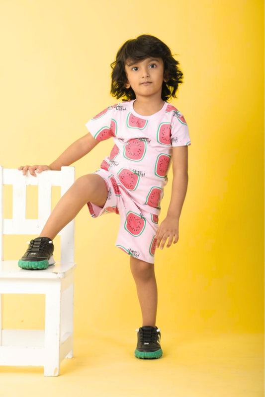 Peach Pure Cotton Printed Co-ord Set for Boys