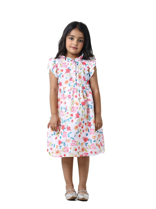 Girls Floral Print Cotton Blend A-Line Frock Dress - White