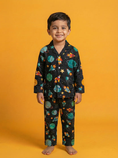 Black Graphic Printed Full Sleeves Nightsuit for Boys