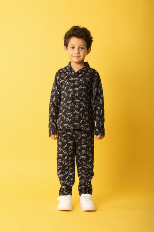 Black Pure Cotton Printed Nightsuit for Boys