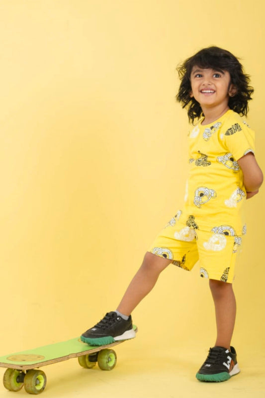 Yellow Pure Cotton Printed Co-ord Set for Boys