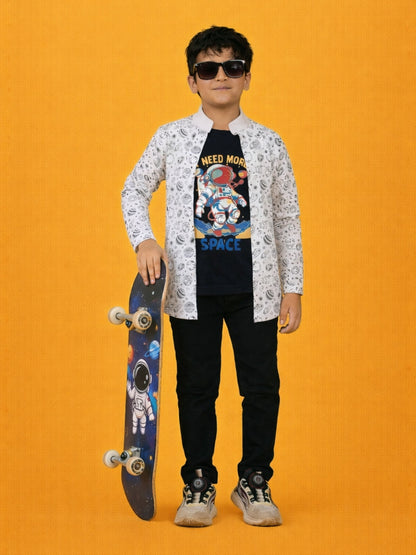 White Graphic Printed Full Sleeves T-shirt with Shrug for Boys