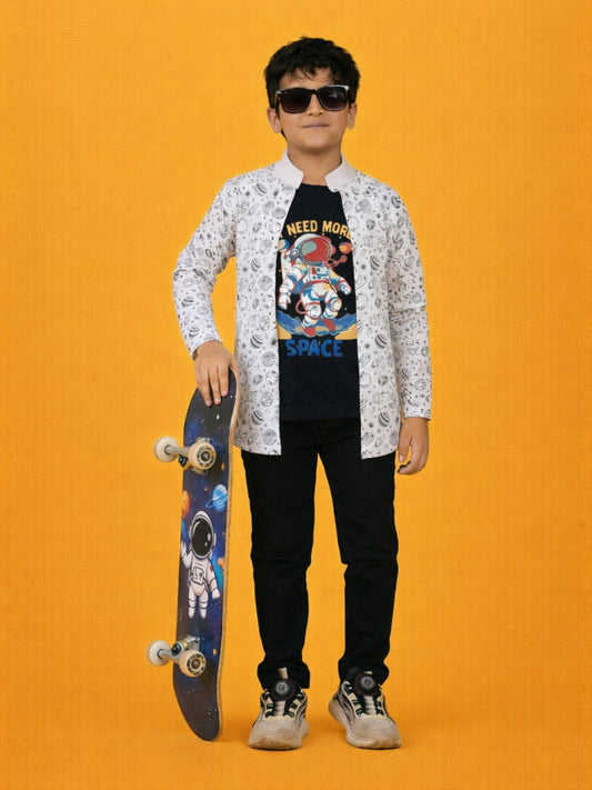 White Graphic Printed Full Sleeves T-shirt with Shrug for Boys