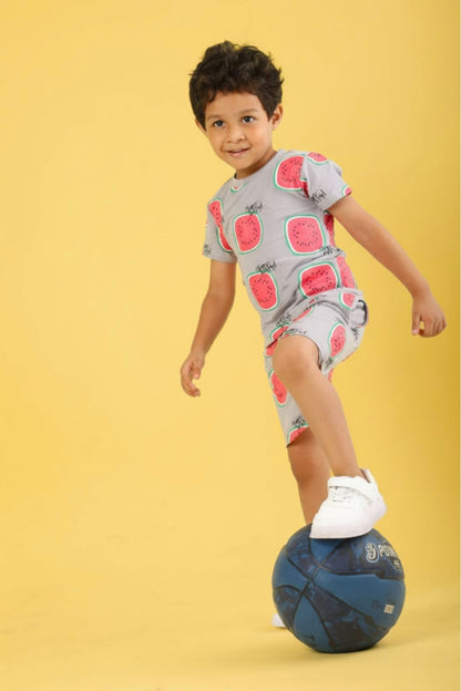 Grey Pure Cotton Printed Co-ord Set for Boys