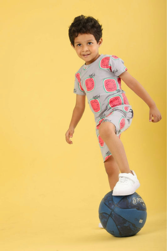 Grey Pure Cotton Printed Co-ord Set for Boys