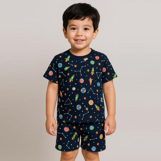 Navy Blue 100% Cotton Printed Half Sleeves Co-ord Set for Boys