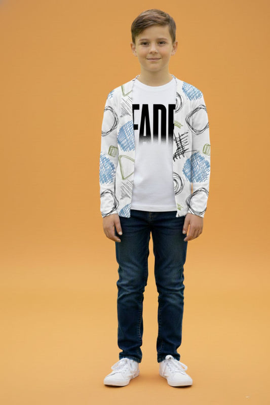White Graphic Printed Full Sleeve Pure Cotton Boys T-Shirt with Attached Shrug