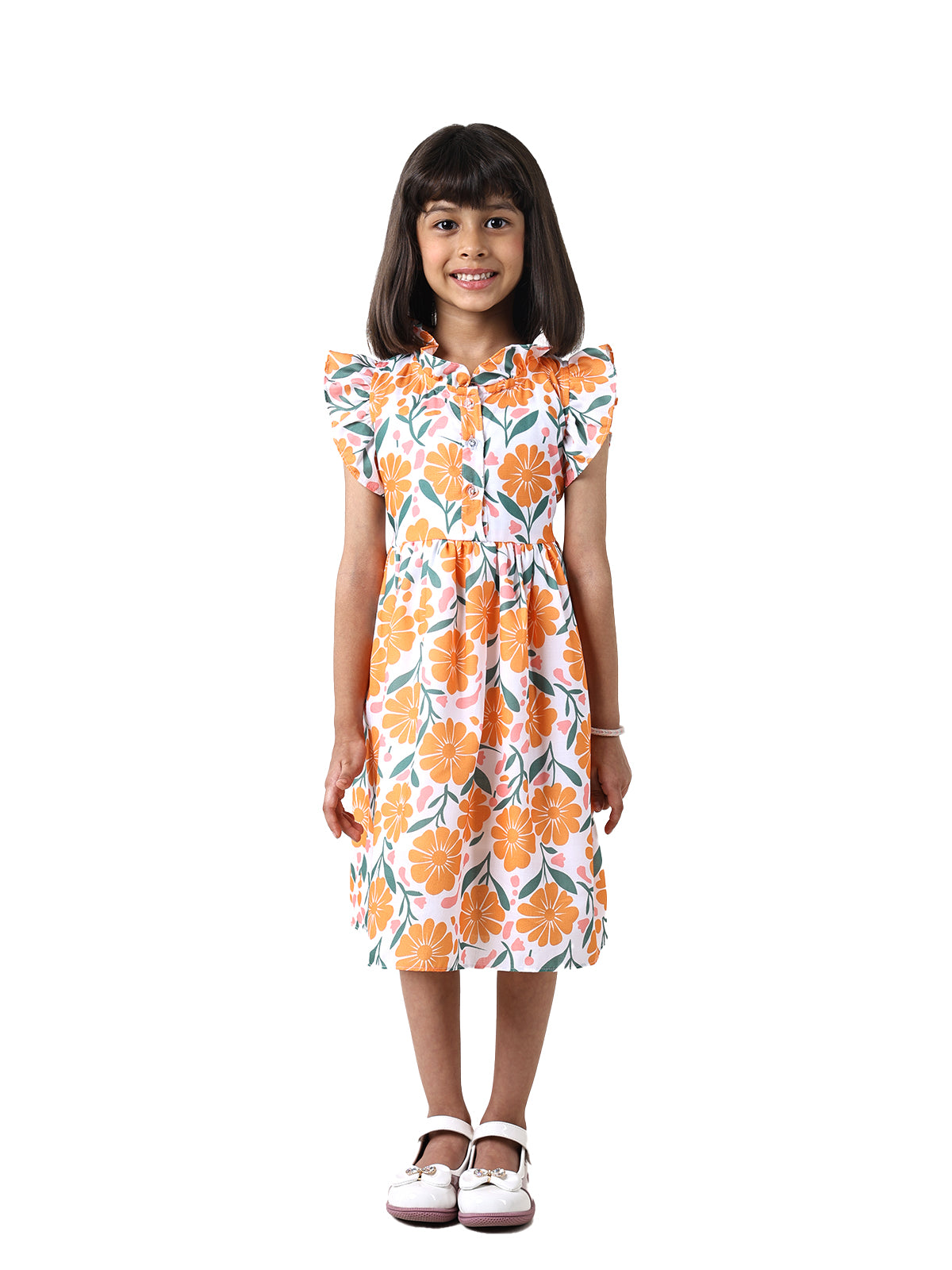 Girls Floral Print Cotton Blend A-Line Frock Dress - Orange