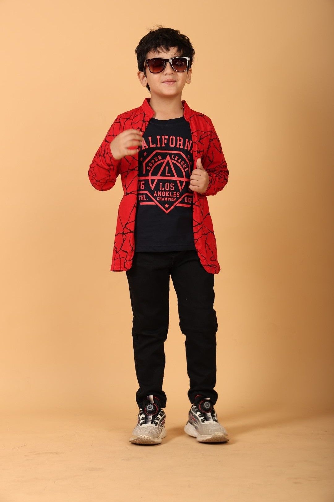 Red Pure Cotton Printed T-shirt with attached Jacket for Boys