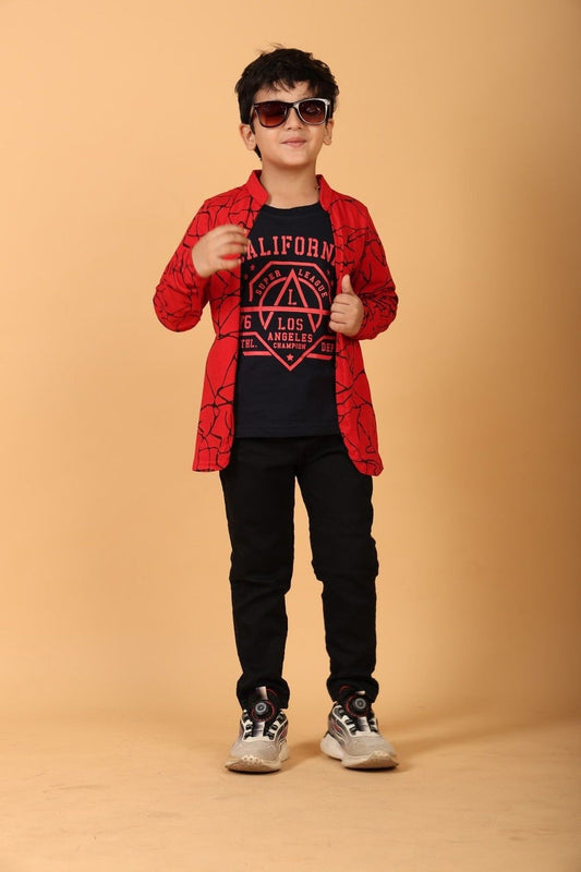 Red Pure Cotton Printed T-shirt with attached Jacket for Boys
