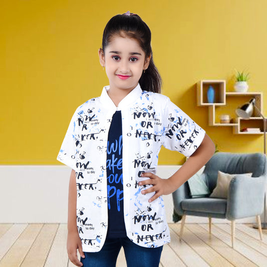 White /Printed Half Sleeves Pure Cotton Girls T-shirt Attached with Shrug image 0