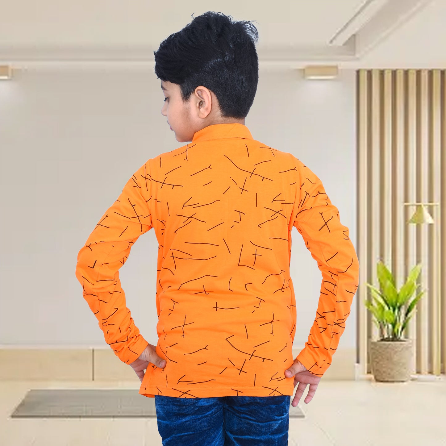 Orange/Printed Full Sleeves Pure Cotton Boys T-shirt Attached with Shrug image 4