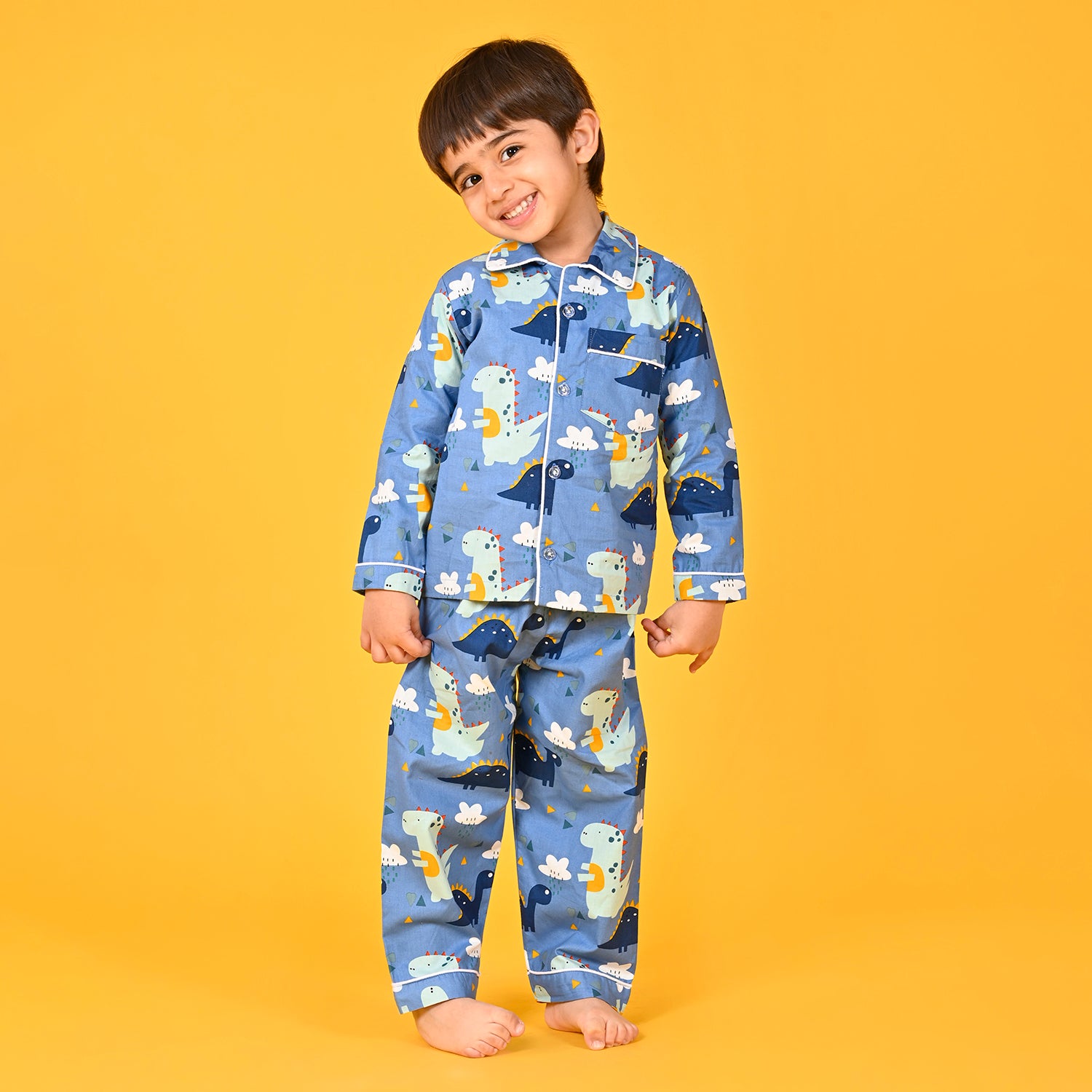 Horizan Blue / Dinosaur Printed Full Sleeves Cotton Kids Night Suit image 0