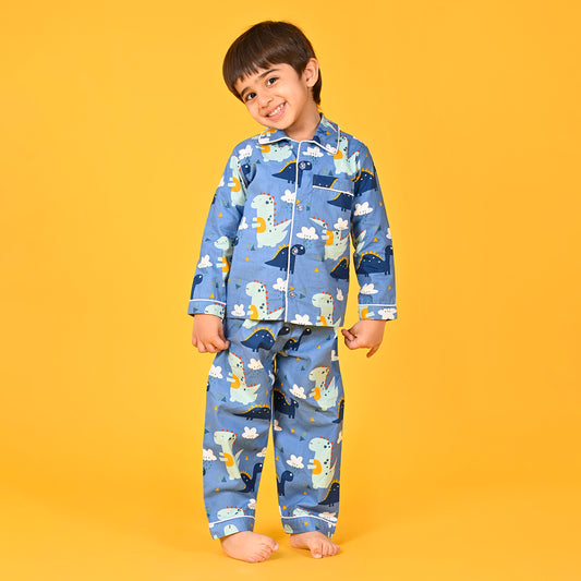 Horizan Blue / Dinosaur Printed Full Sleeves Cotton Kids Night Suit image 0
