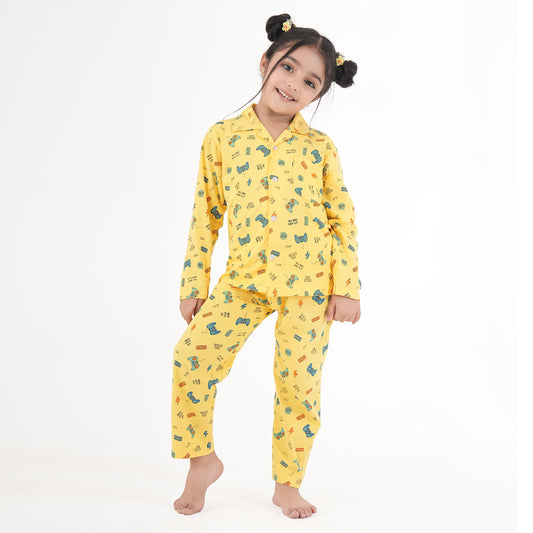 Jam & Sugar Girls Cotton Graphic Printed Full Sleeves Nightsuit - Yellow