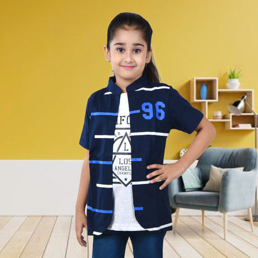 Navy Blue /Printed Half Sleeves Pure Cotton Girls T-shirt Attached with Shrug image 0