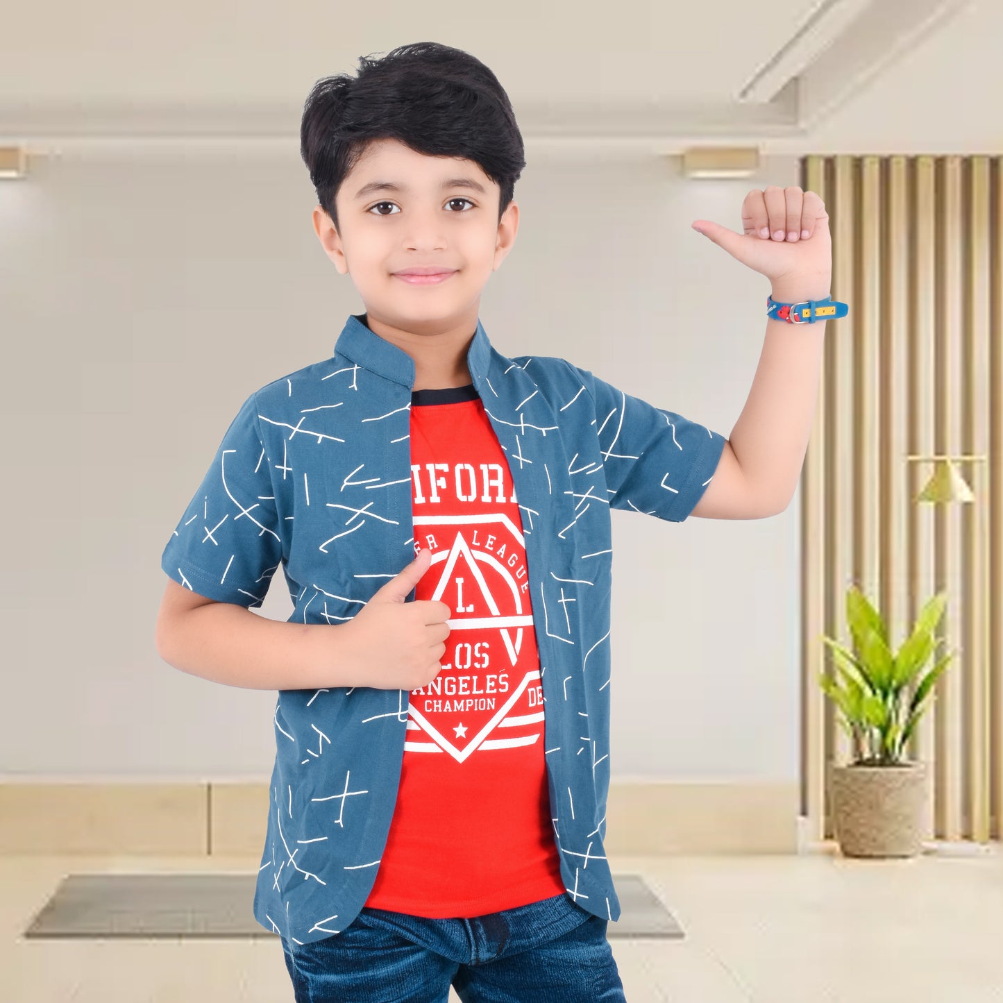 Blue /Airforce Printed Half Sleeves Pure Cotton Boys T-shirt Attached with Shrug image 2