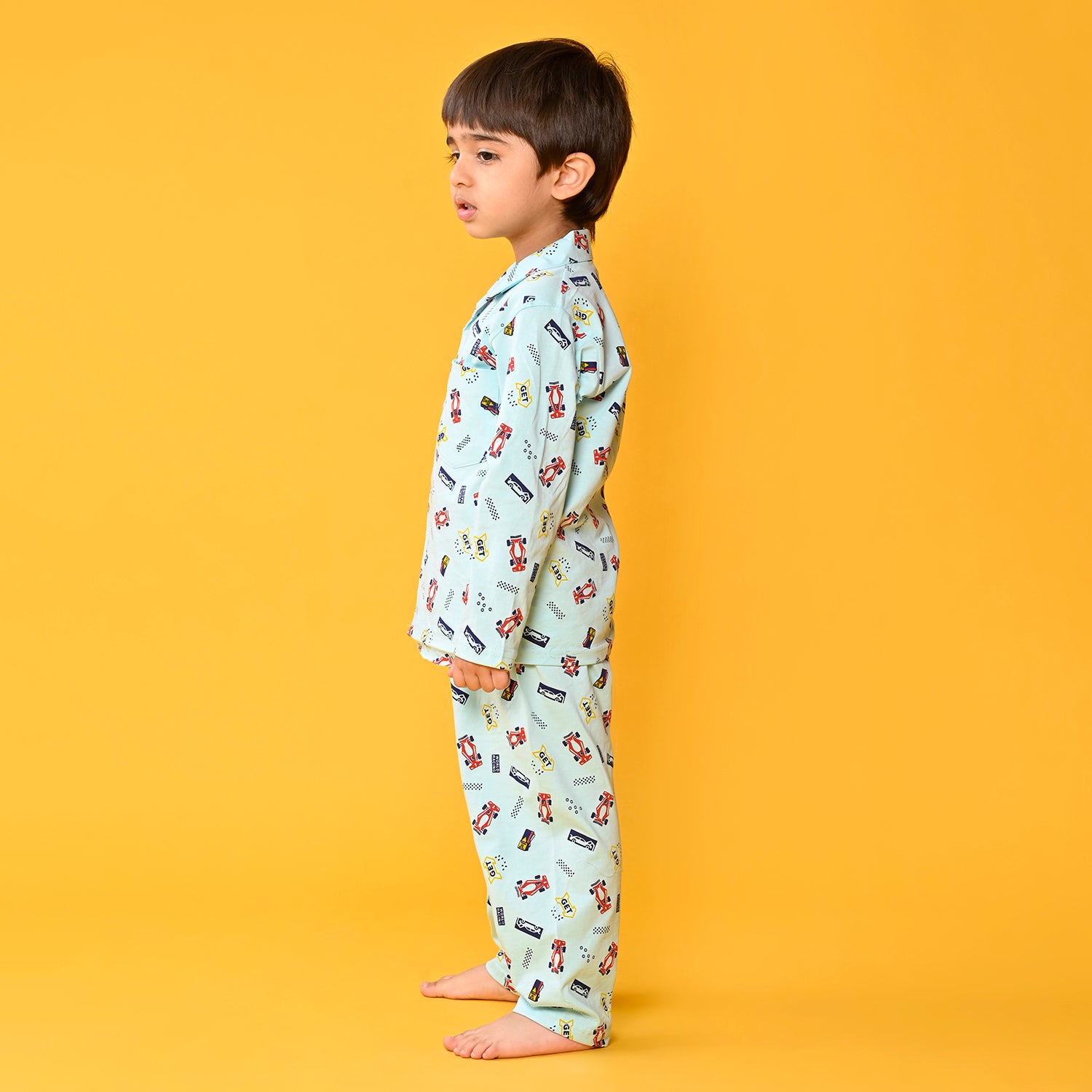 Aqua Blue / Recing Car Printed Full Sleeves Cotton Kids Night Suit image 2