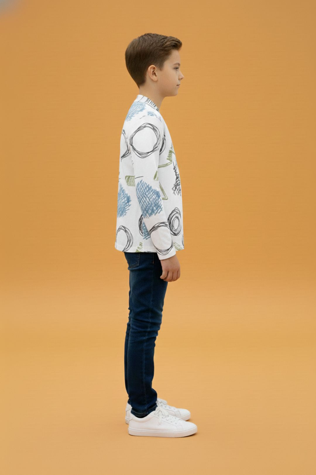White Graphic Printed Full Sleeve Pure Cotton Boys T-Shirt with Attached Shrug