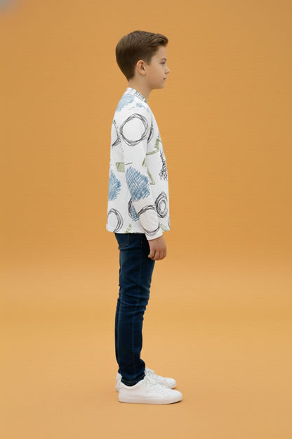 White Graphic Printed Full Sleeve Pure Cotton Boys T-Shirt with Attached Shrug