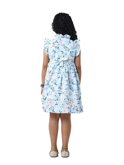 Girls Floral Print Cotton Blend A-Line Frock Dress - Blue