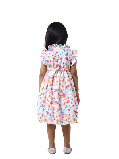 Girls Floral Print Cotton Blend A-Line Frock Dress - White
