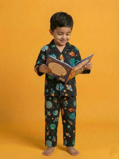Black Graphic Printed Full Sleeves Nightsuit for Boys