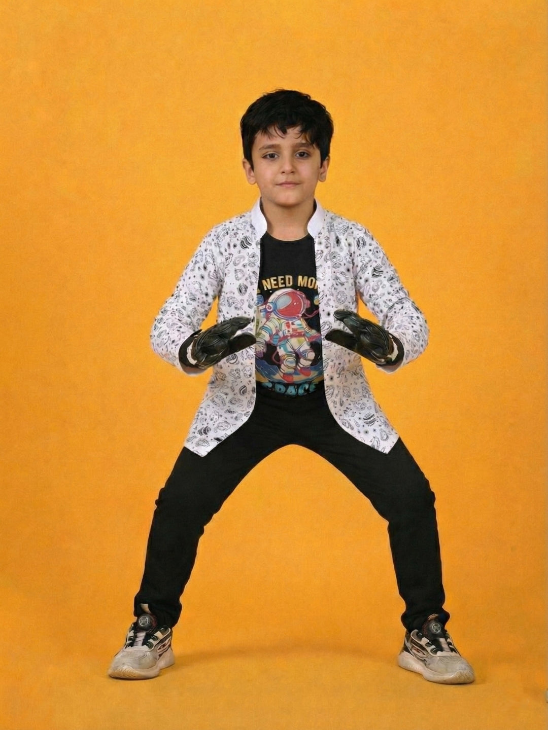 White Graphic Printed Full Sleeves T-shirt with Shrug for Boys