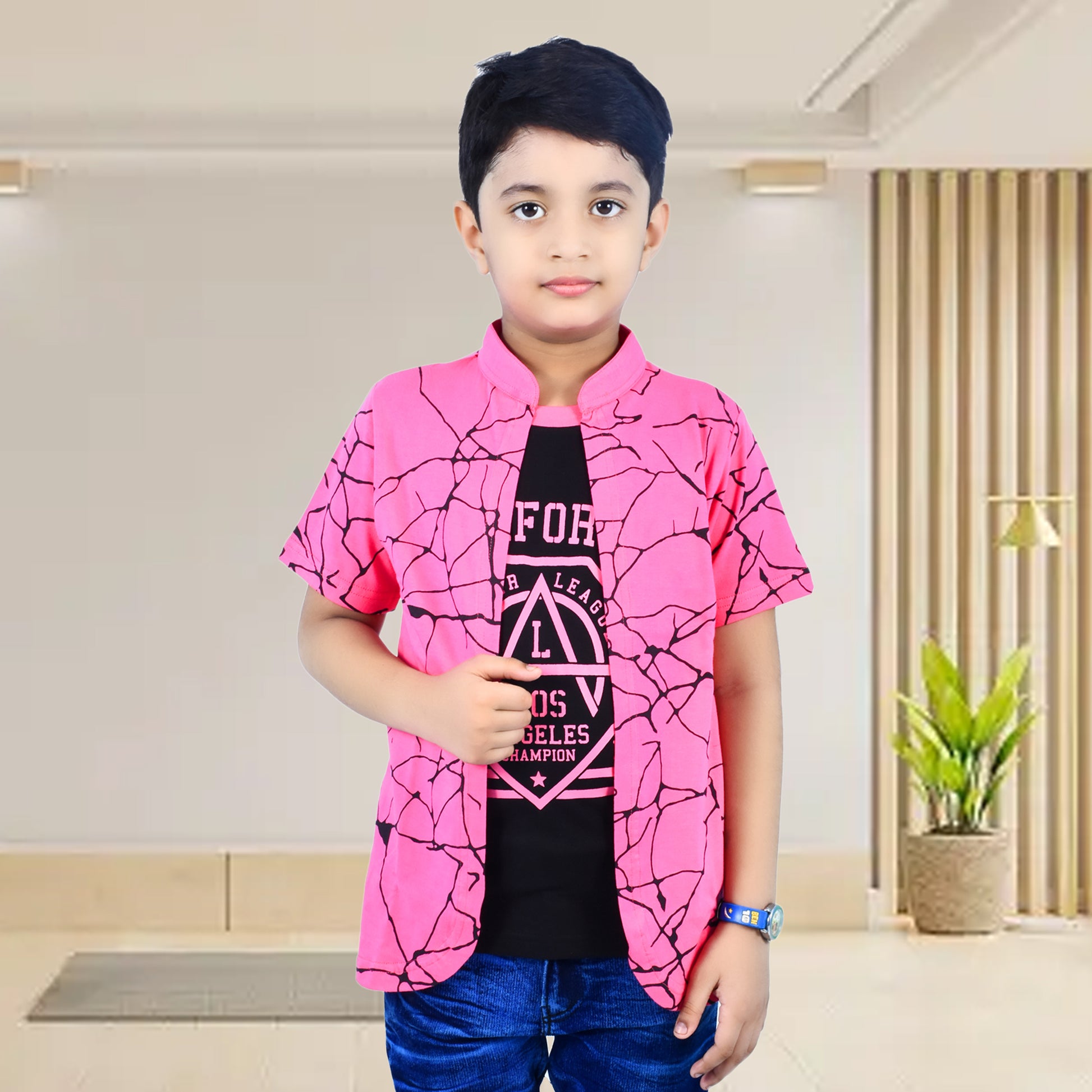 Pink /Printed Half Sleeves Pure Cotton Boys T-shirt Attached with Shrug image 0