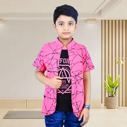 Pink /Printed Half Sleeves Pure Cotton Boys T-shirt Attached with Shrug image 0