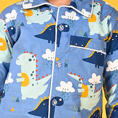 Horizan Blue / Dinosaur Printed Full Sleeves Cotton Kids Night Suit image 3