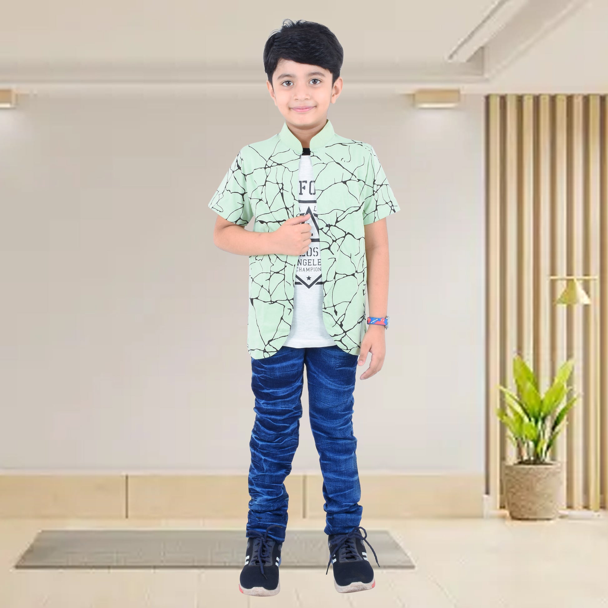 Pista Green /Printed Half Sleeves Pure Cotton Boys T-shirt Attached with Shrug image 3