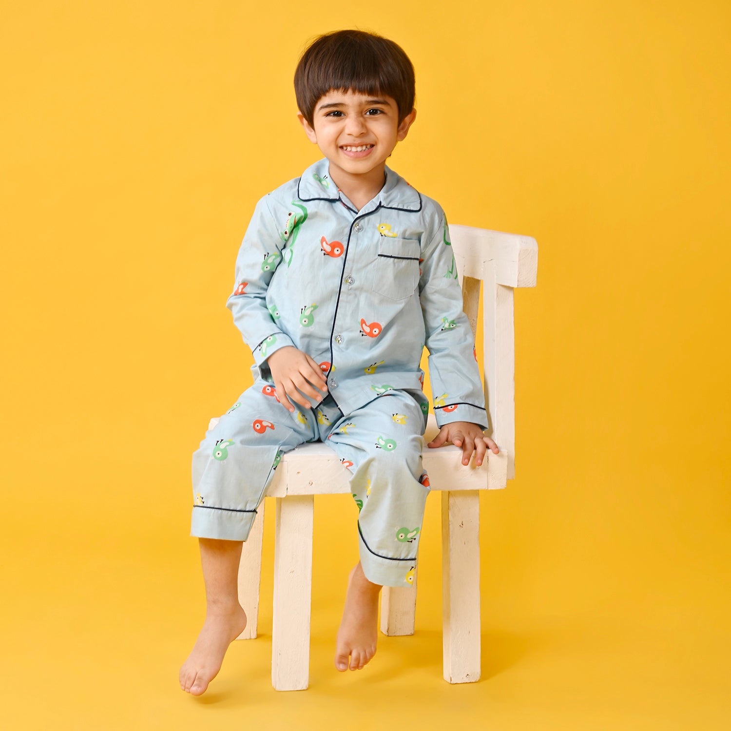 Sky Blue / Bird Printed Full Sleeves Cotton Kids Night Suit image 2