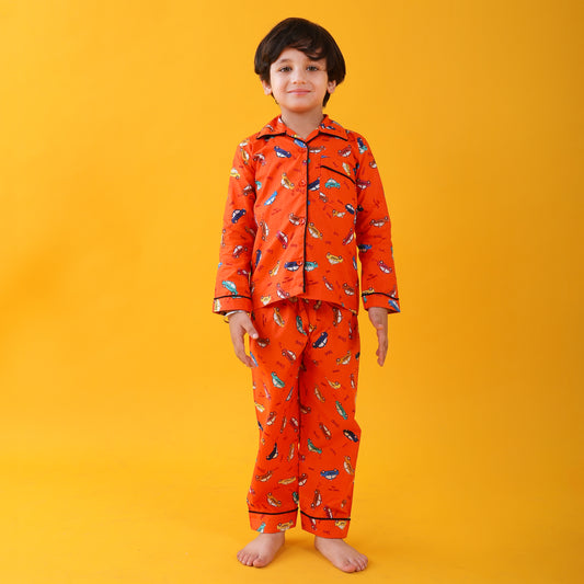Orange /Car Printed Full Sleeves Cotton Kids Night Suit Set image 0