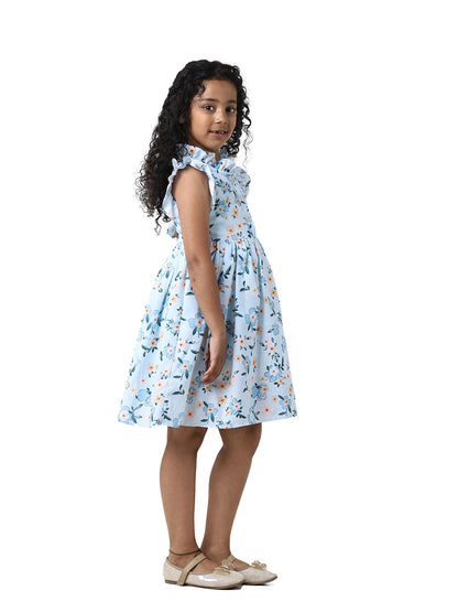 Girls Floral Print Cotton Blend A-Line Frock Dress - Blue