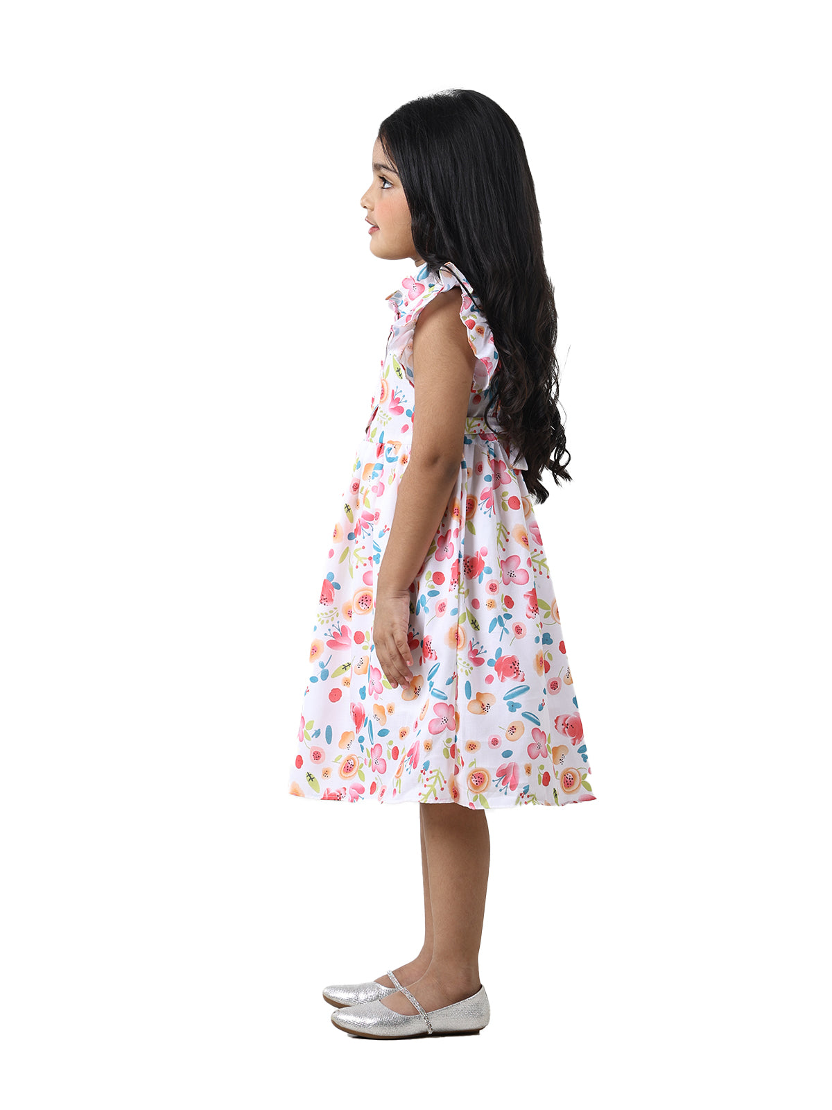Girls Floral Print Cotton Blend A-Line Frock Dress - White