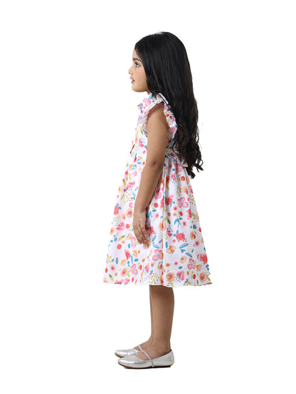 Girls Floral Print Cotton Blend A-Line Frock Dress - White