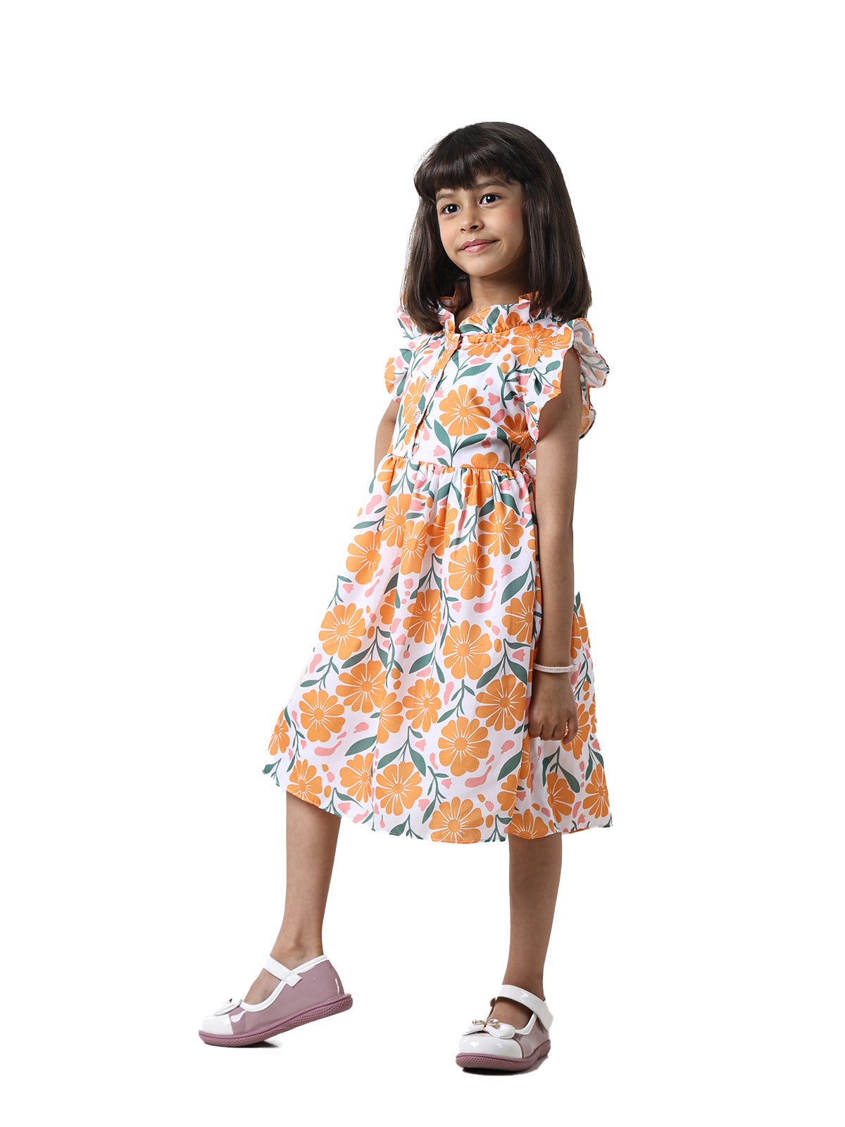 Girls Floral Print Cotton Blend A-Line Frock Dress - Orange