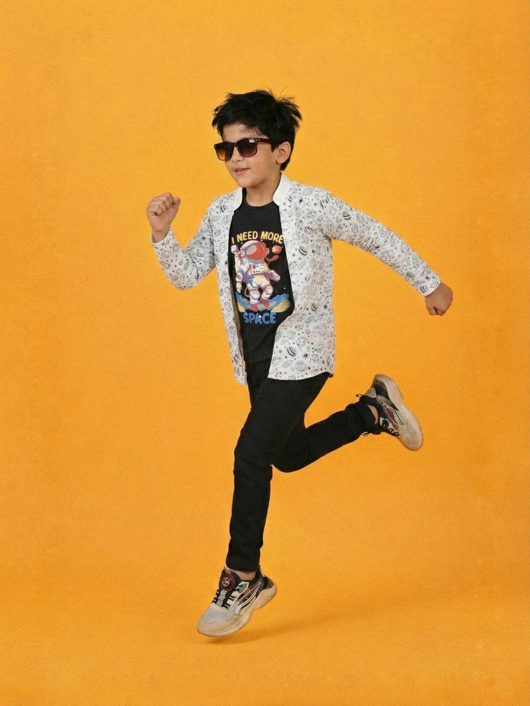 White Graphic Printed Full Sleeves T-shirt with Shrug for Boys