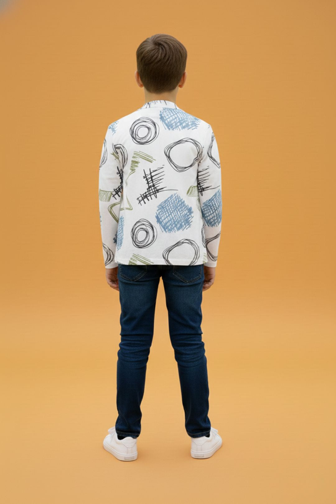 White Graphic Printed Full Sleeve Pure Cotton Boys T-Shirt with Attached Shrug