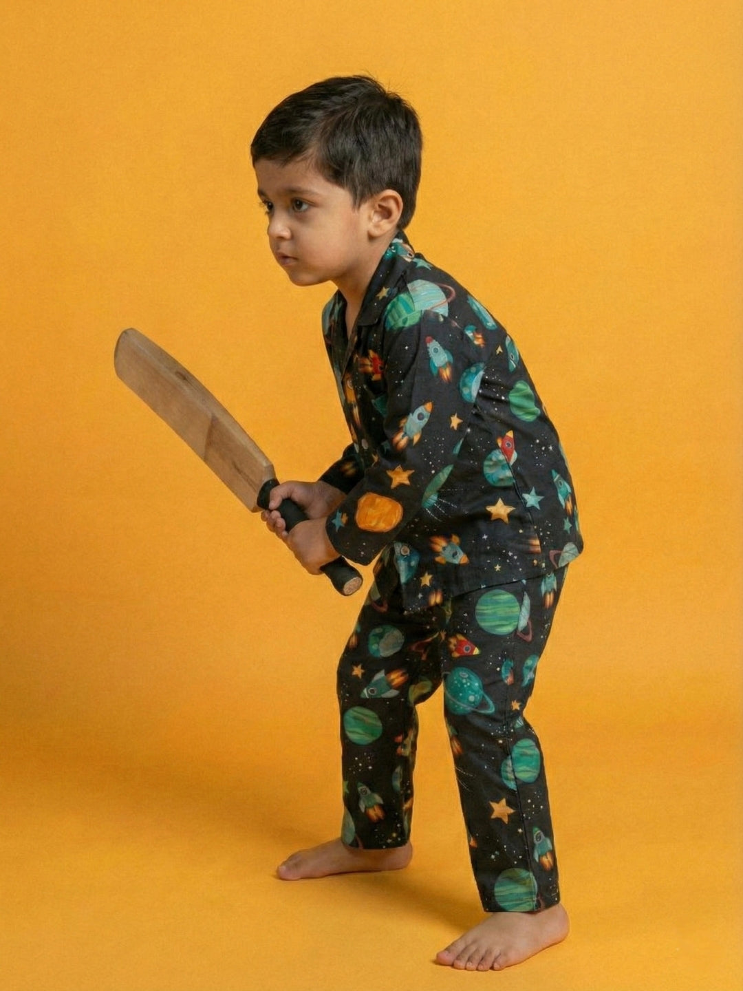 Black Graphic Printed Full Sleeves Nightsuit for Boys