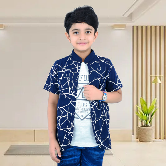 Navy Blue /Printed Half Sleeves Pure Cotton Boys T-shirt Attached with Shrug image 0