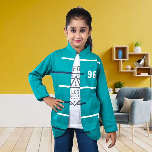 Green /Printed Full Sleeves Pure Cotton Girls T-shirt Attached with Shrug image 0