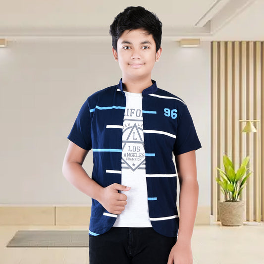 Navy Blue /Printed Half Sleeves Pure Cotton Boys T-shirt Attached with Shrug image 0