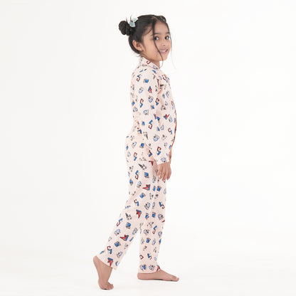 Jam & Sugar Girls Cotton Graphic Printed Full Sleeves Nightsuit - Aqua Blue