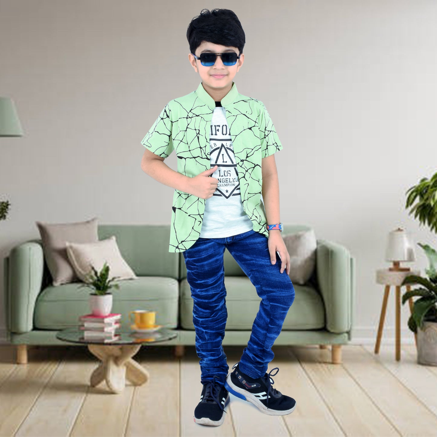 Pista Green /Printed Half Sleeves Pure Cotton Boys T-shirt Attached with Shrug image 2