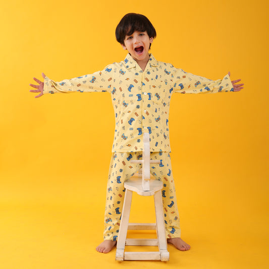 Hosiery Yellow / Joystick Printed Full Sleeves Cotton kids Night Suit Set image 3