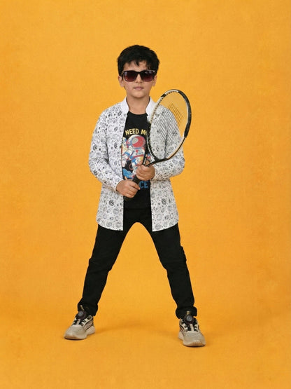 White Graphic Printed Full Sleeves T-shirt with Shrug for Boys